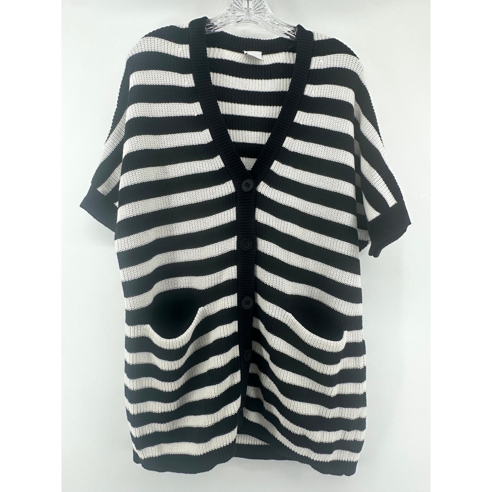Cabi Black White Striped Short Sleeve Cardigan Sweater‎ Cotton V-Neck XS